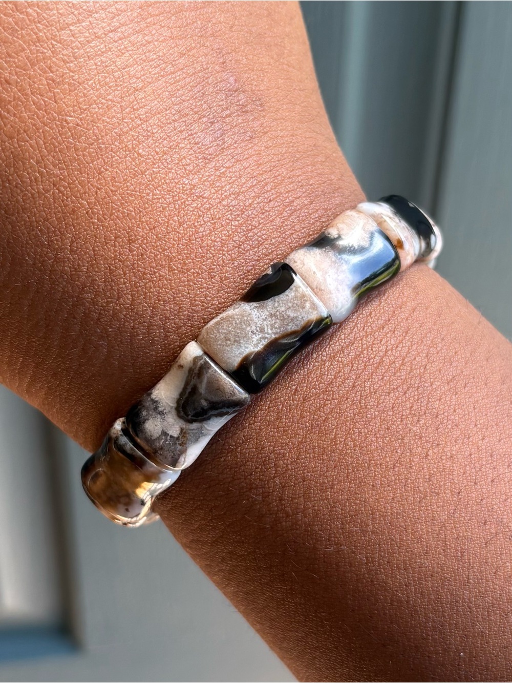 Black Flower Agate Crystal Bangle Bracelet 12.5mm - Picture 9 of 10